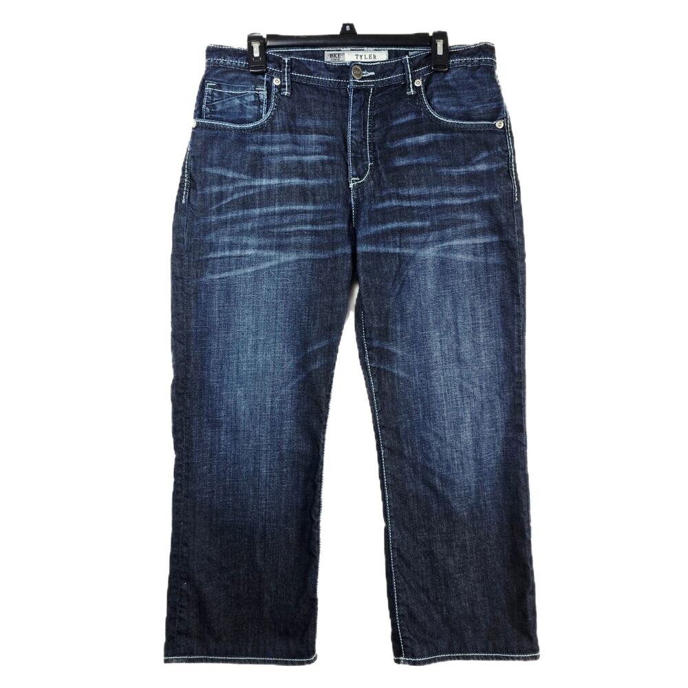 BKE Denim Tyler Straight Leg Blue Jeans 33R 33x26 Whiskers Faded Grunge